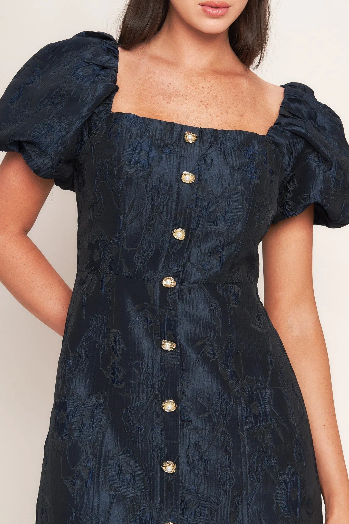 GOLDEN MOON NAVY PUFF SLEEVE MINI DRESS