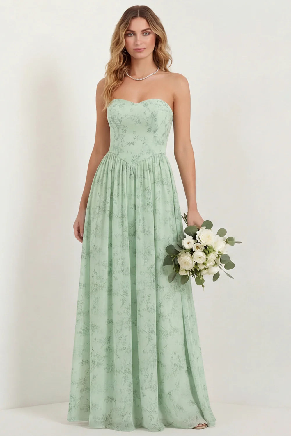 Green Flower A Line Strapless Long Bridesmaid Dress