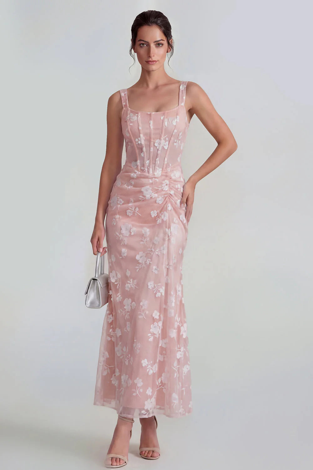 Floral Pink Ruched Mermaid Corset Wedding Guest Dress