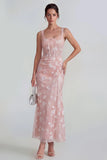 Floral Pink Ruched Mermaid Corset Wedding Guest Dress
