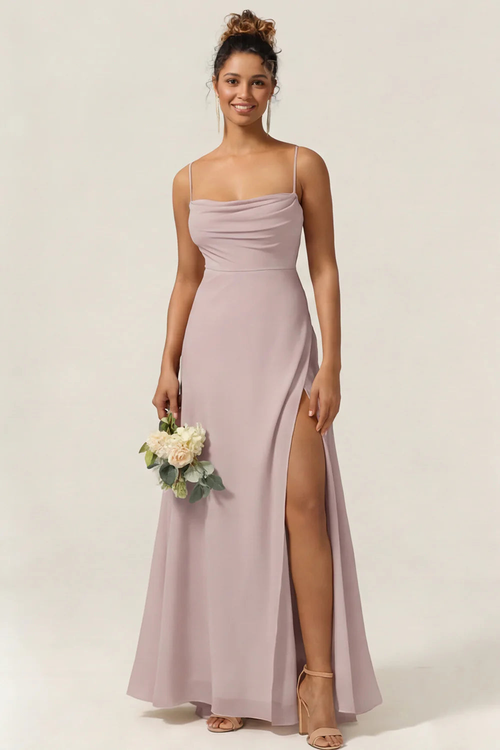 Blue Flower A Line Spaghetti Straps Chiffon Long Bridesmaid Dress with Slit