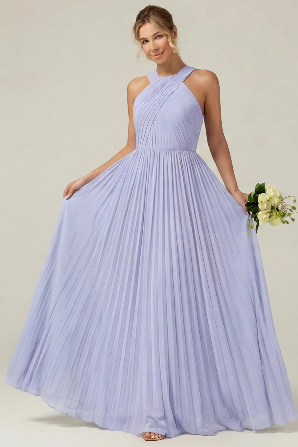 Dusty Sage A Line Halter Pleated Long Bridesmaid Dress
