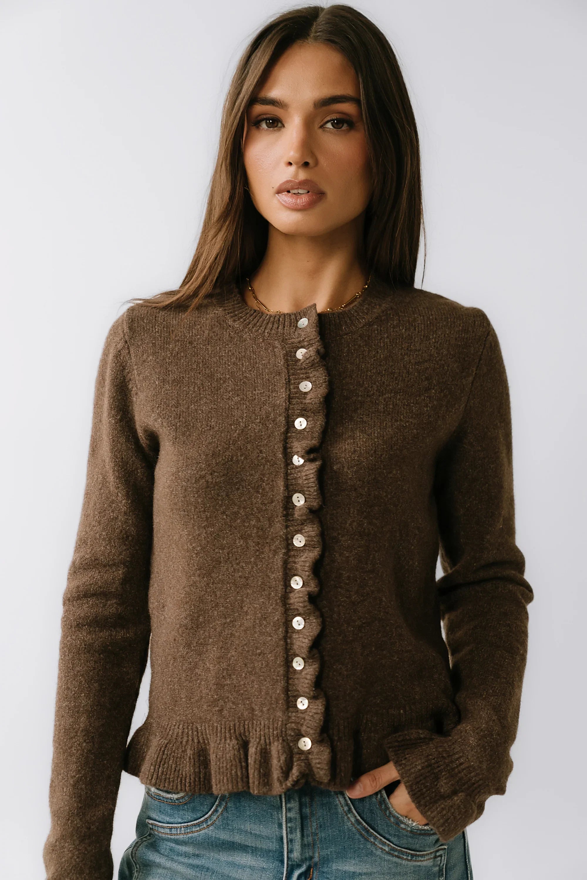 Rosie Ruffle Sweater in Brown FINAL SALE