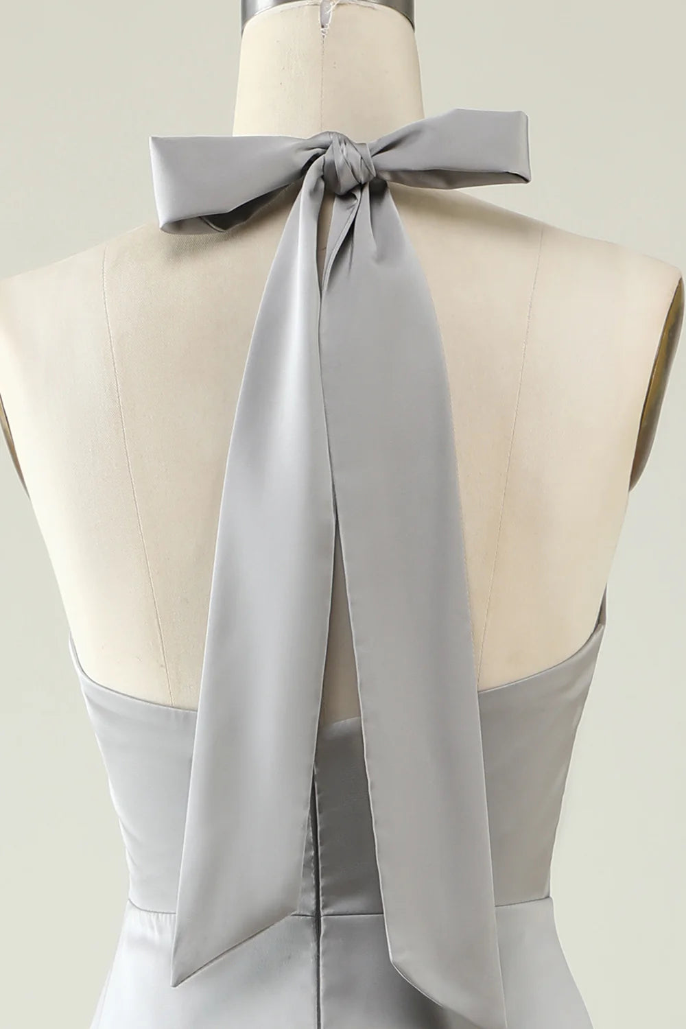 Grey A Line Halter Backless Bright Satin Bridesmaid Dress with Slit