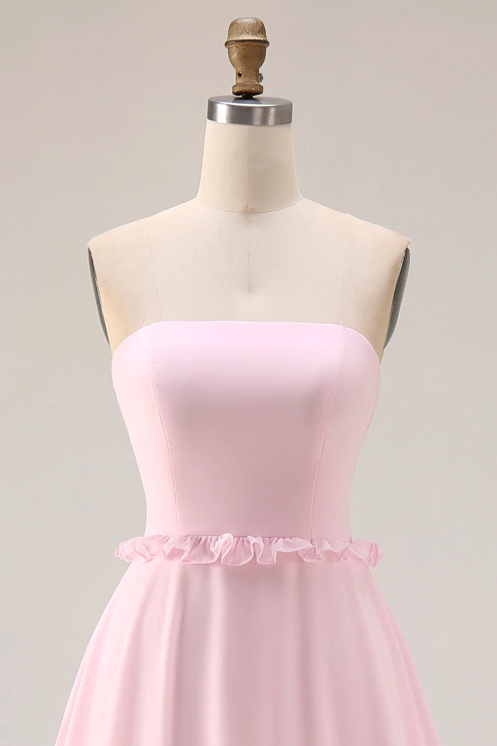 Blushing Pink A Line Strapless Chiffon Long Bridesmaid Dress with Slit