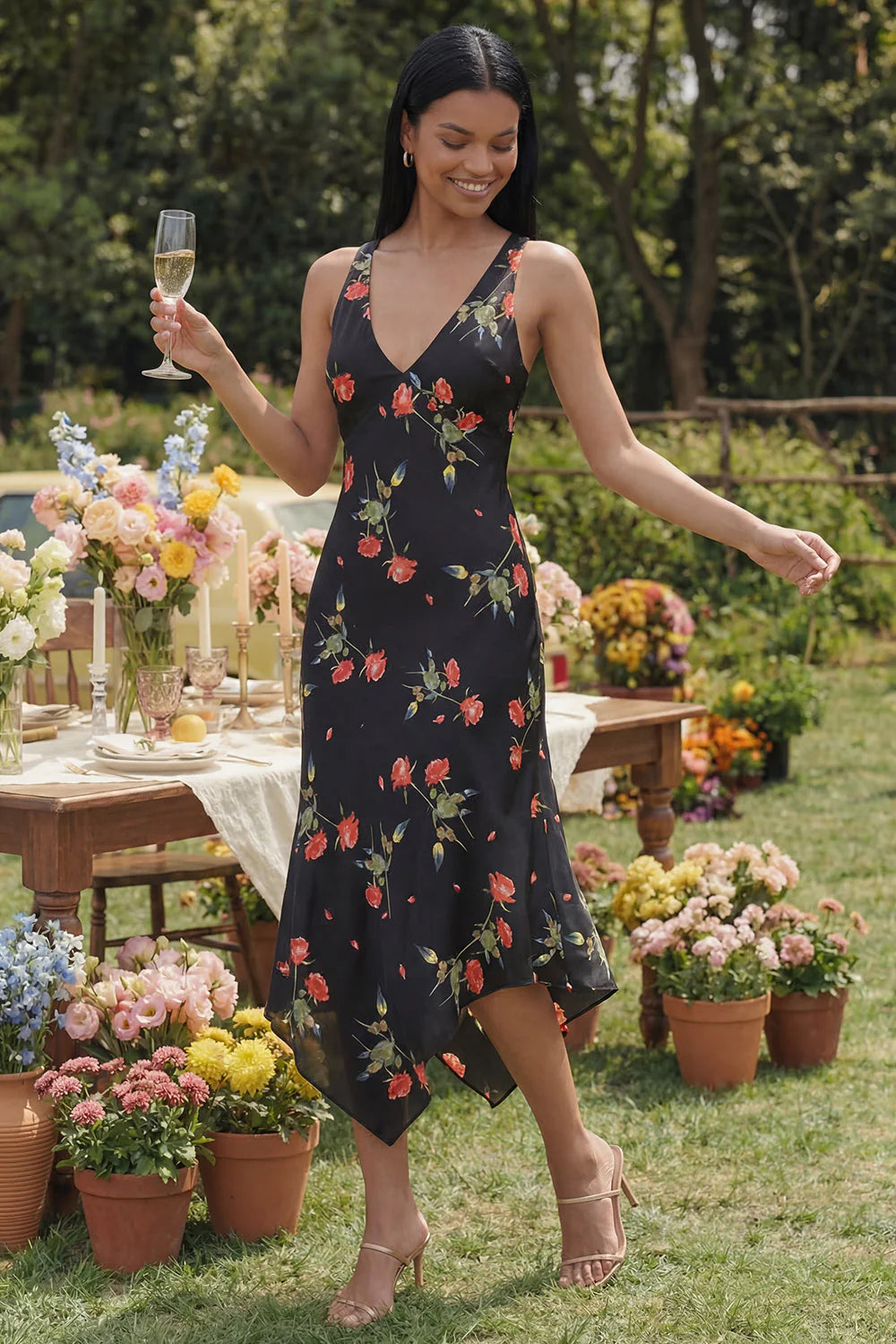 Black Floral Printed A Line V Neck Midi Wedding Guest Dress