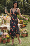 Black Floral Printed A Line V Neck Midi Wedding Guest Dress