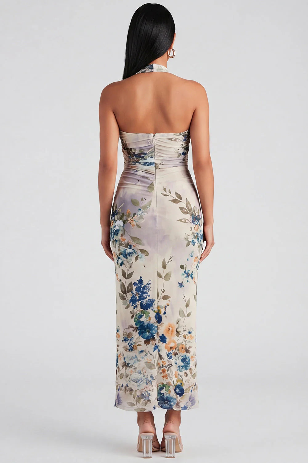 Champagne Halter Floral Wedding Guest Dress