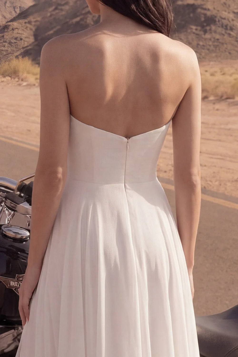 Simple Ivory A Line Strapless Maxi Wedding Dress with Slit