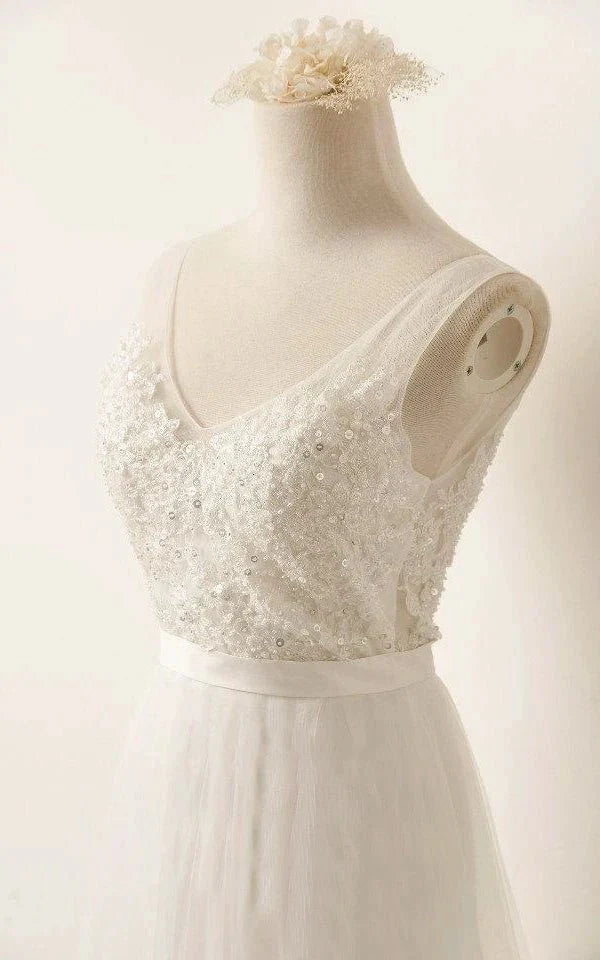A Line Tulle Lace V Neck Wedding Dress With Sweep Train