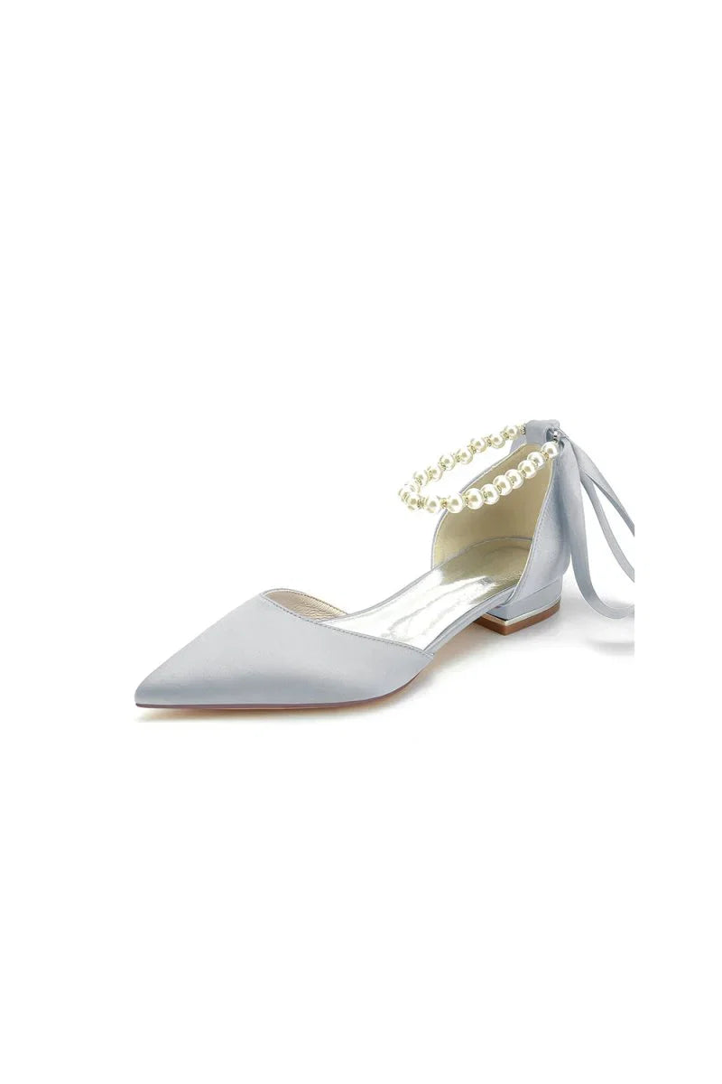 Pearl Ribbon Pointed Toe Ankle Strap Kitten Heels