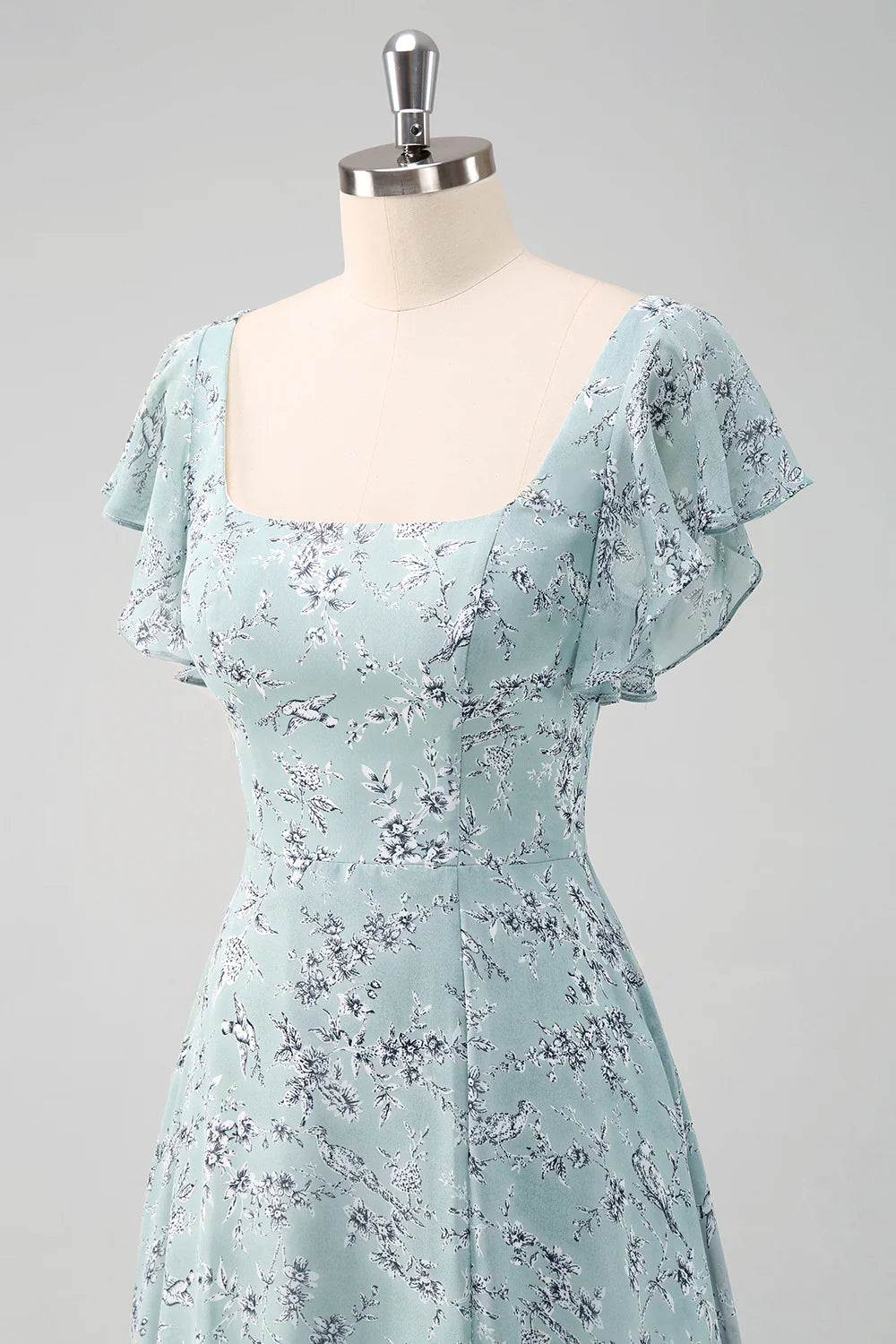 Dusty Sage A Line Square Neck Floor Length Print Bridesmaid Dress with Slit