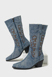 Denim Embroidered Mid Calf Cowboy Boots