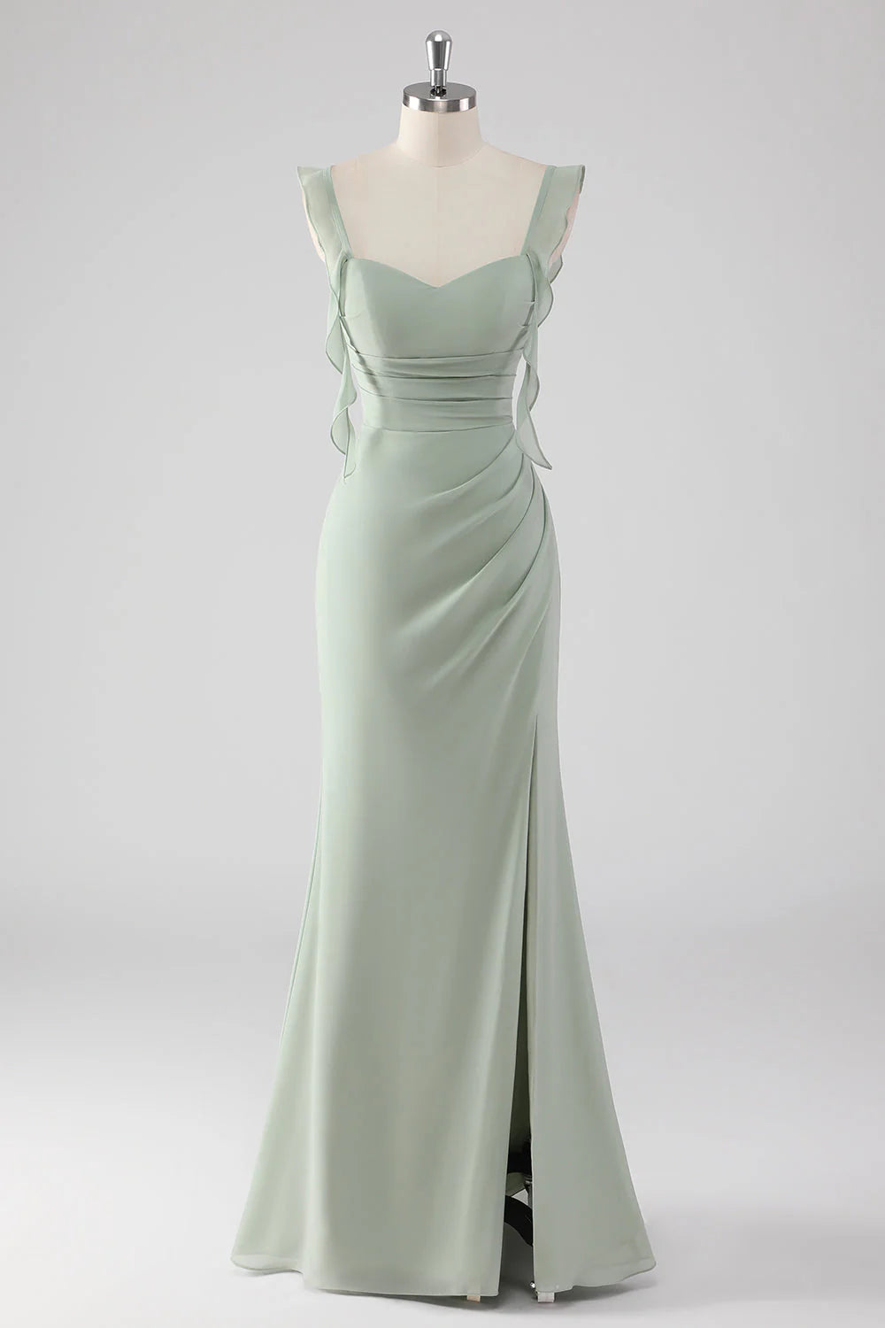 Sage Green Sheath Ruffled Lace Up Back Long Bridesmaid Dress with Slit