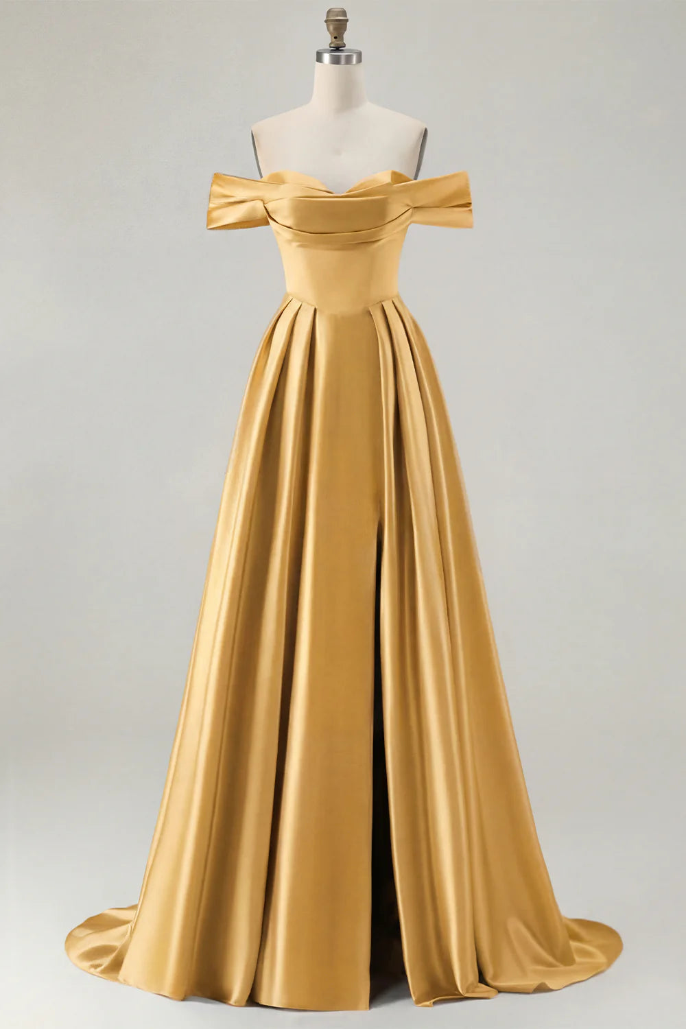 Off the Shoulder A Line Blue Satin Long Bridesmaid Dress with Slit