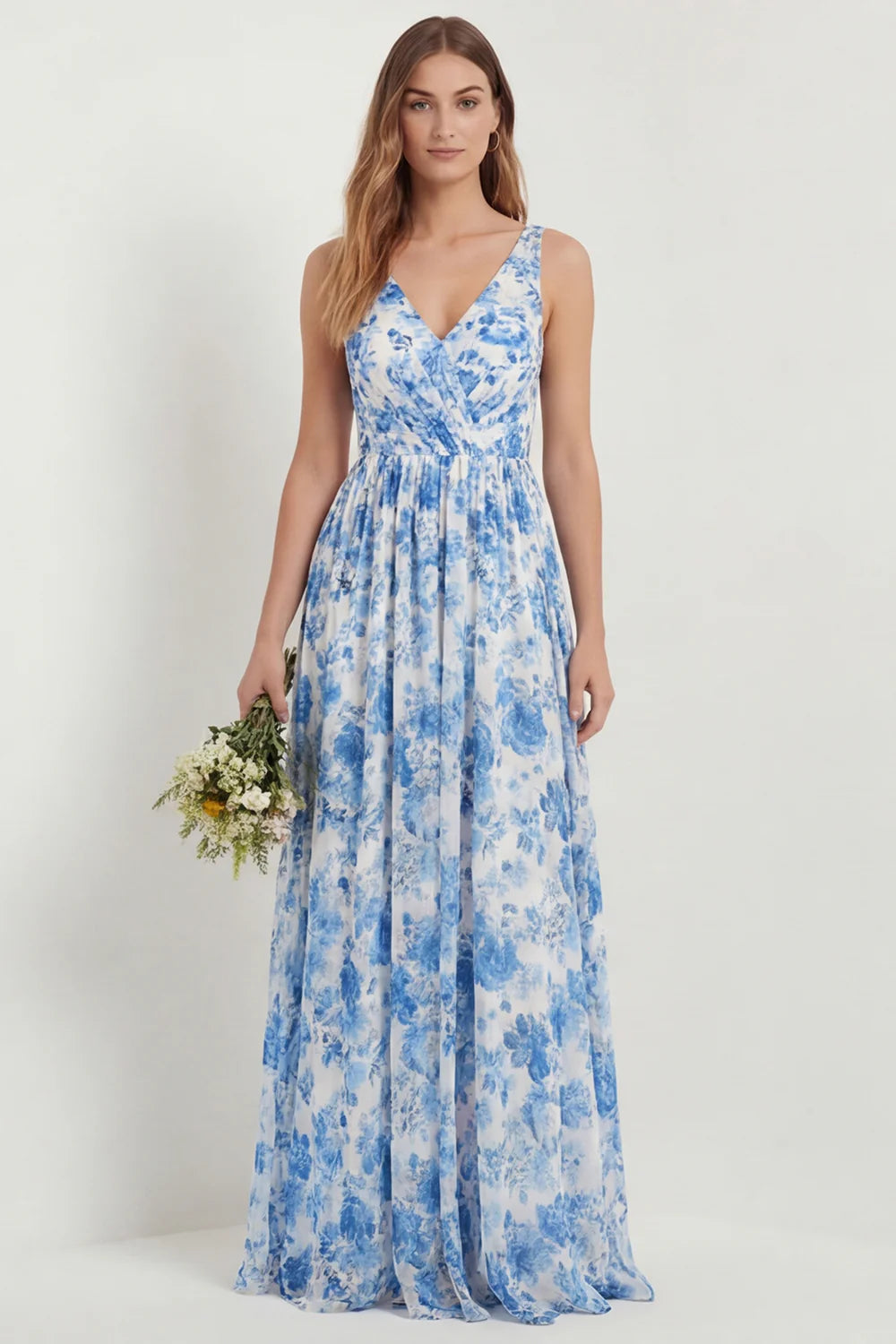 Blue Floral Printed A Line V Neck Long Bridesmaid Dress