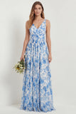 Blue Floral Printed A Line V Neck Long Bridesmaid Dress