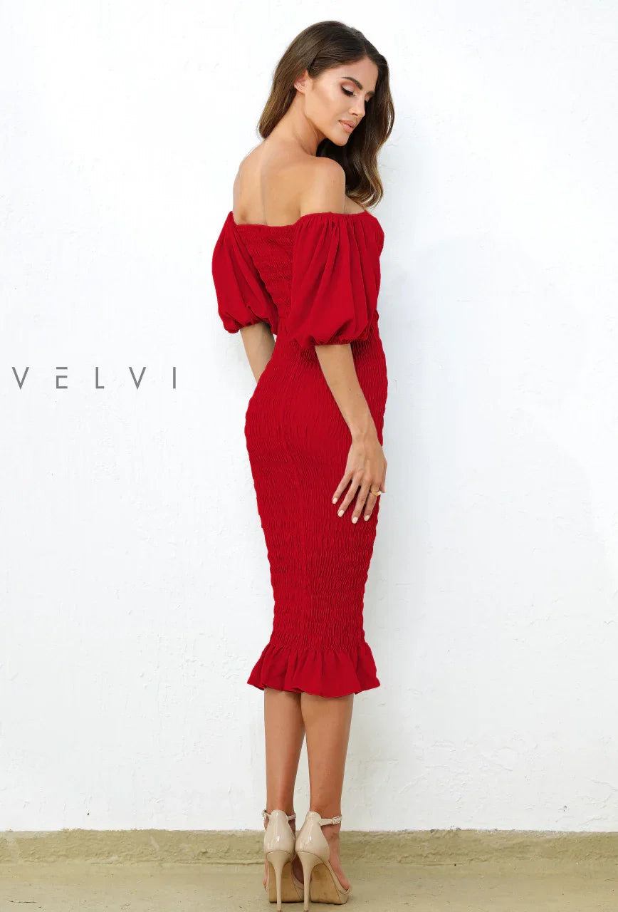 Skyla Shirred Midi Dress RED