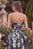 Strapless A Line Navy Floral Wedding Guest Dress