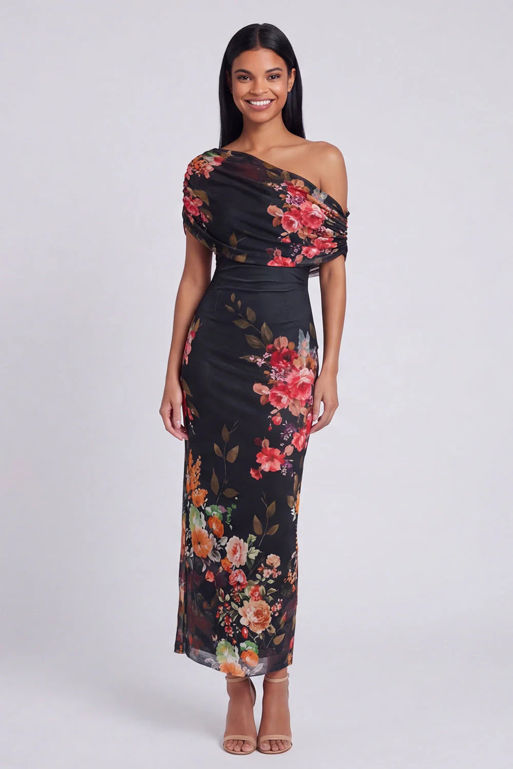 One Shoulder Sheath Ivory Floral Wedding Guest Dress