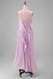 Lilac Halter A Line Pleated Ruffled Bridesmaid Dress with Slit