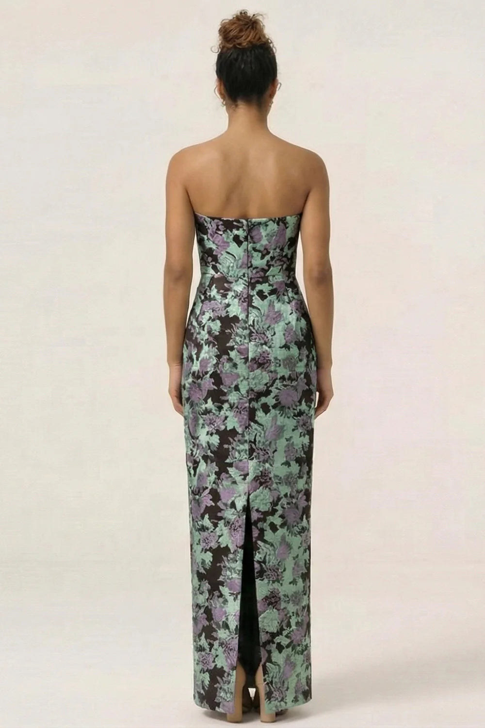 Blue Sheath Strapless White Floral Back Slit Satin Maxi Dress with Pockets