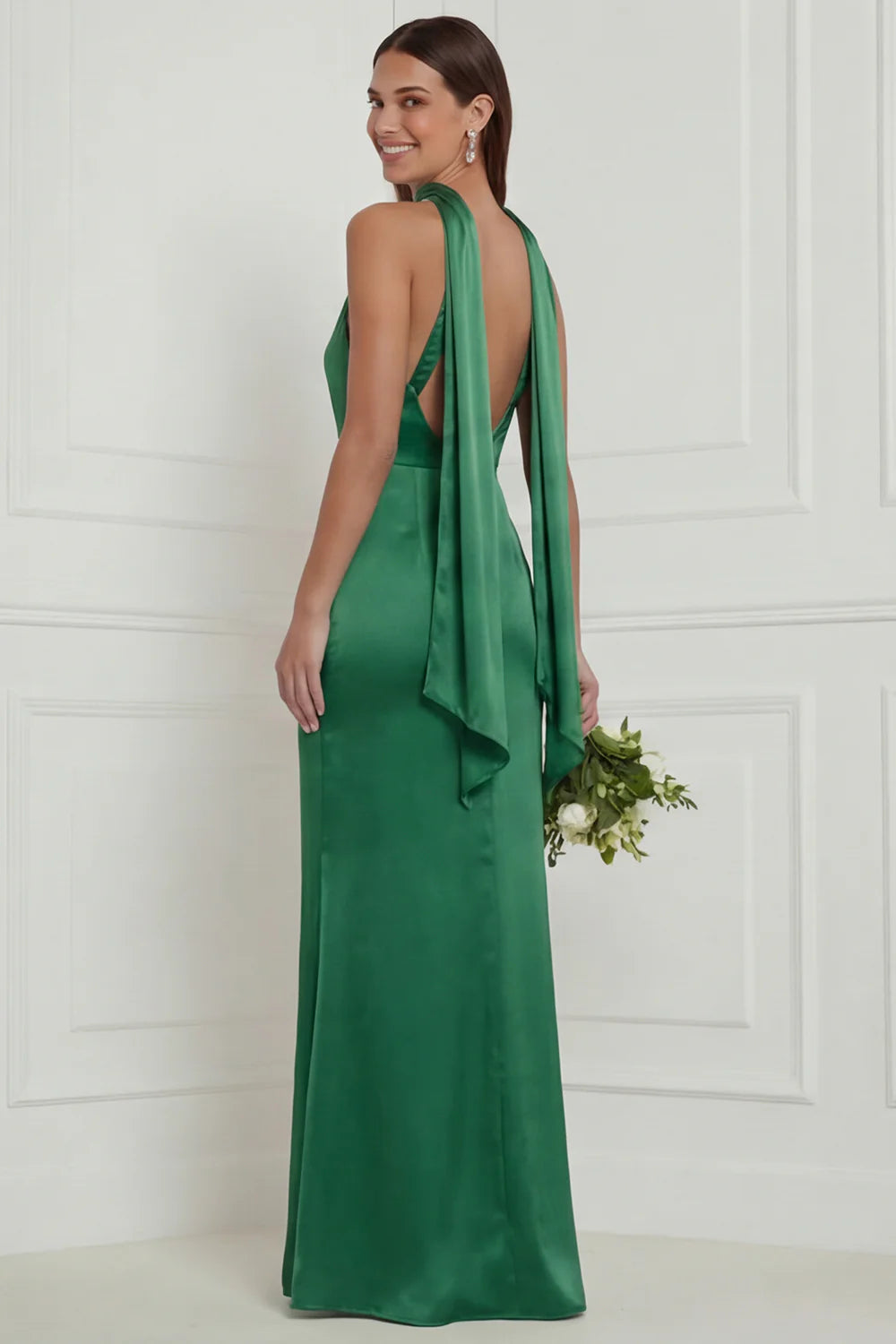 Green Halter Mermaid Satin Long Bridesmaid Dress with Streamer