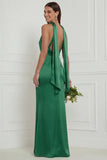 Green Halter Mermaid Satin Long Bridesmaid Dress with Streamer