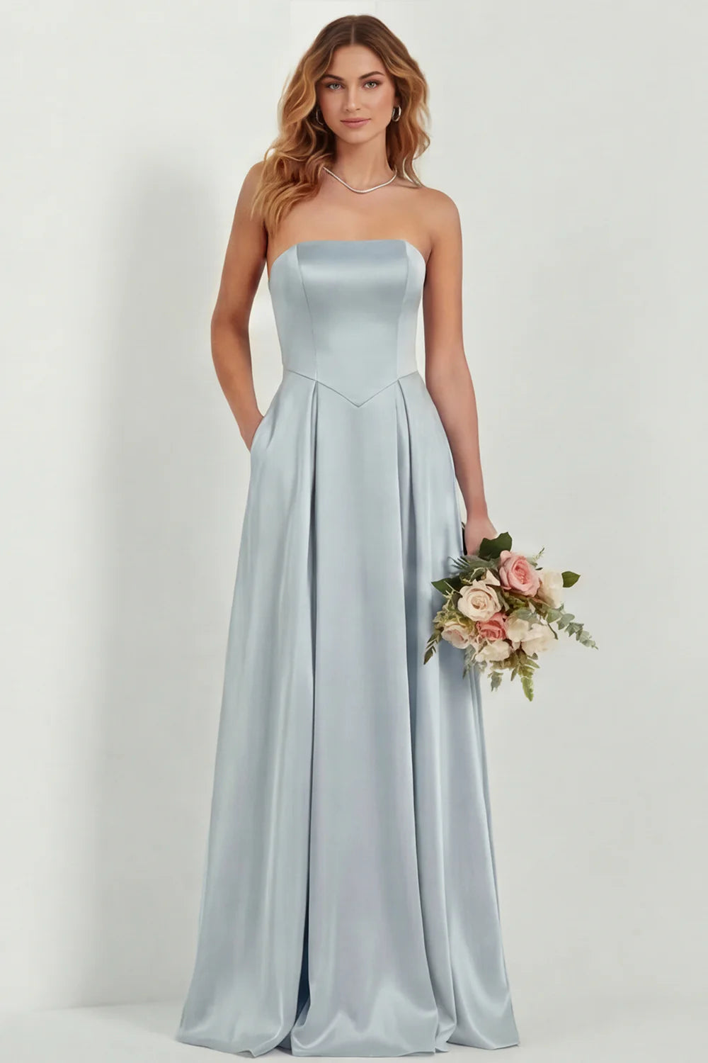 Blush Strapless A Line Satin Long Bridesmaid Dress with Pockets