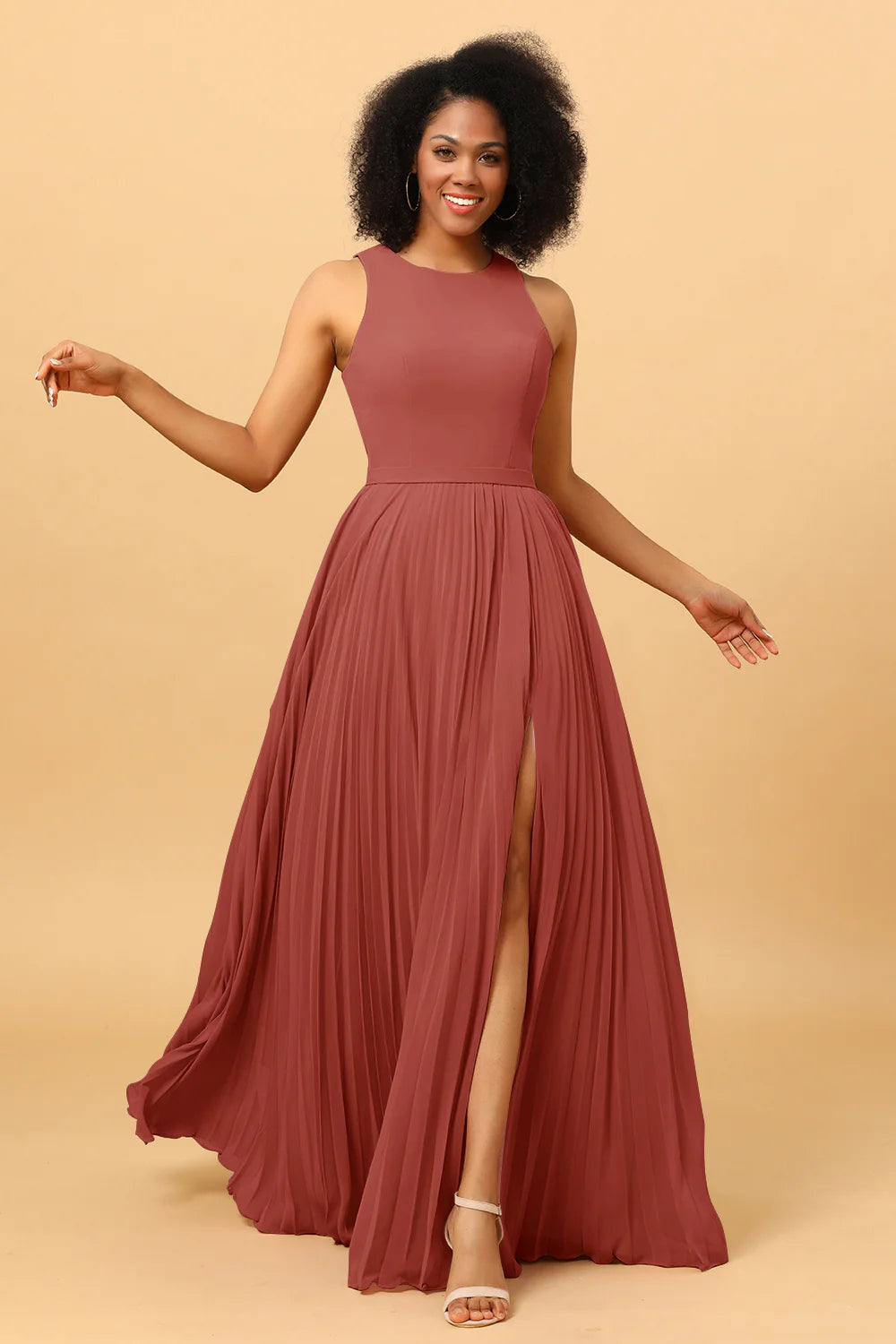 A Line Pleated Long Chiffon Bridesmaid Dress with Ruffles