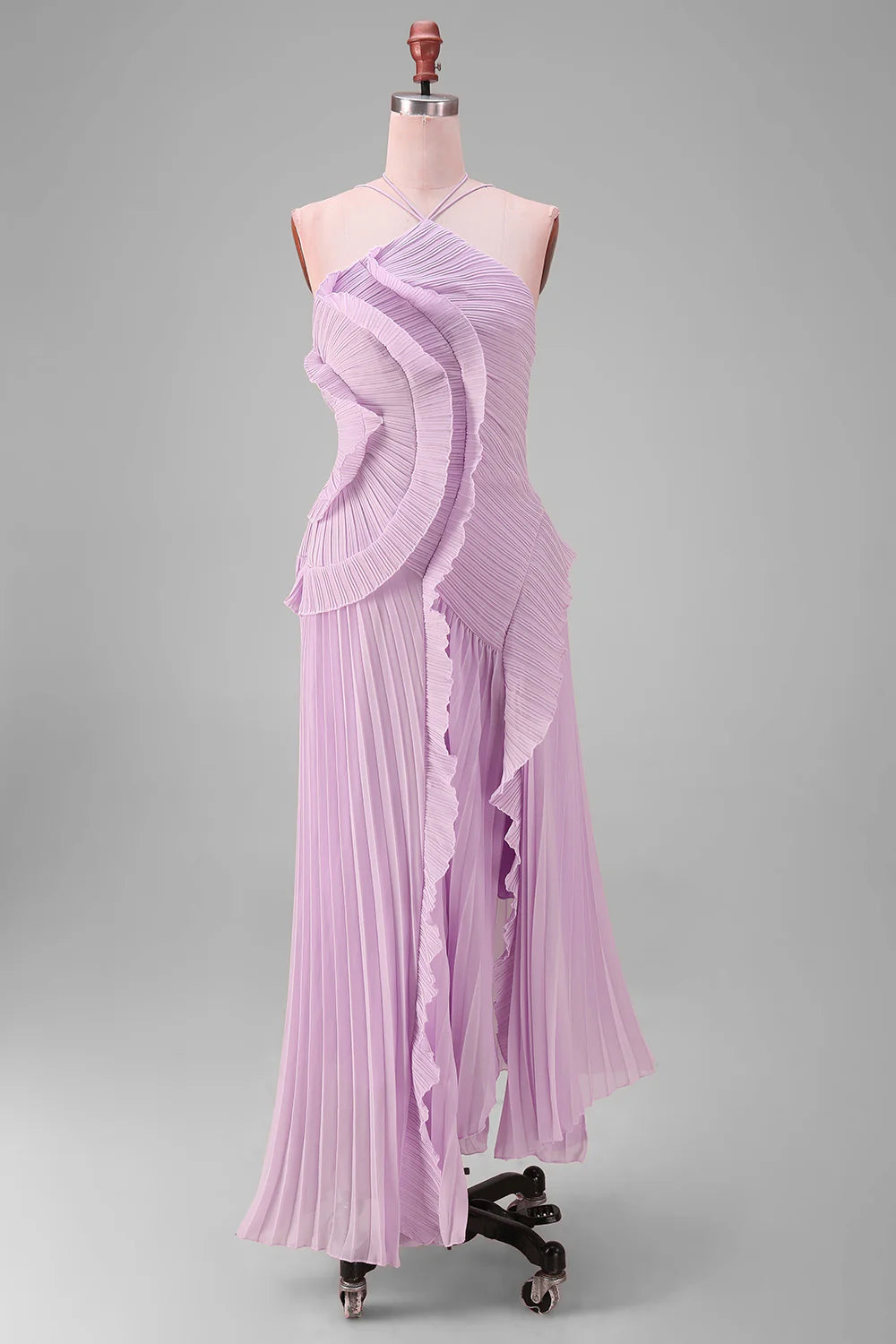 Lilac Halter A Line Pleated Ruffled Bridesmaid Dress with Slit