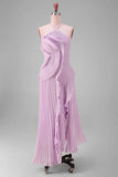 Lilac Halter A Line Pleated Ruffled Bridesmaid Dress with Slit