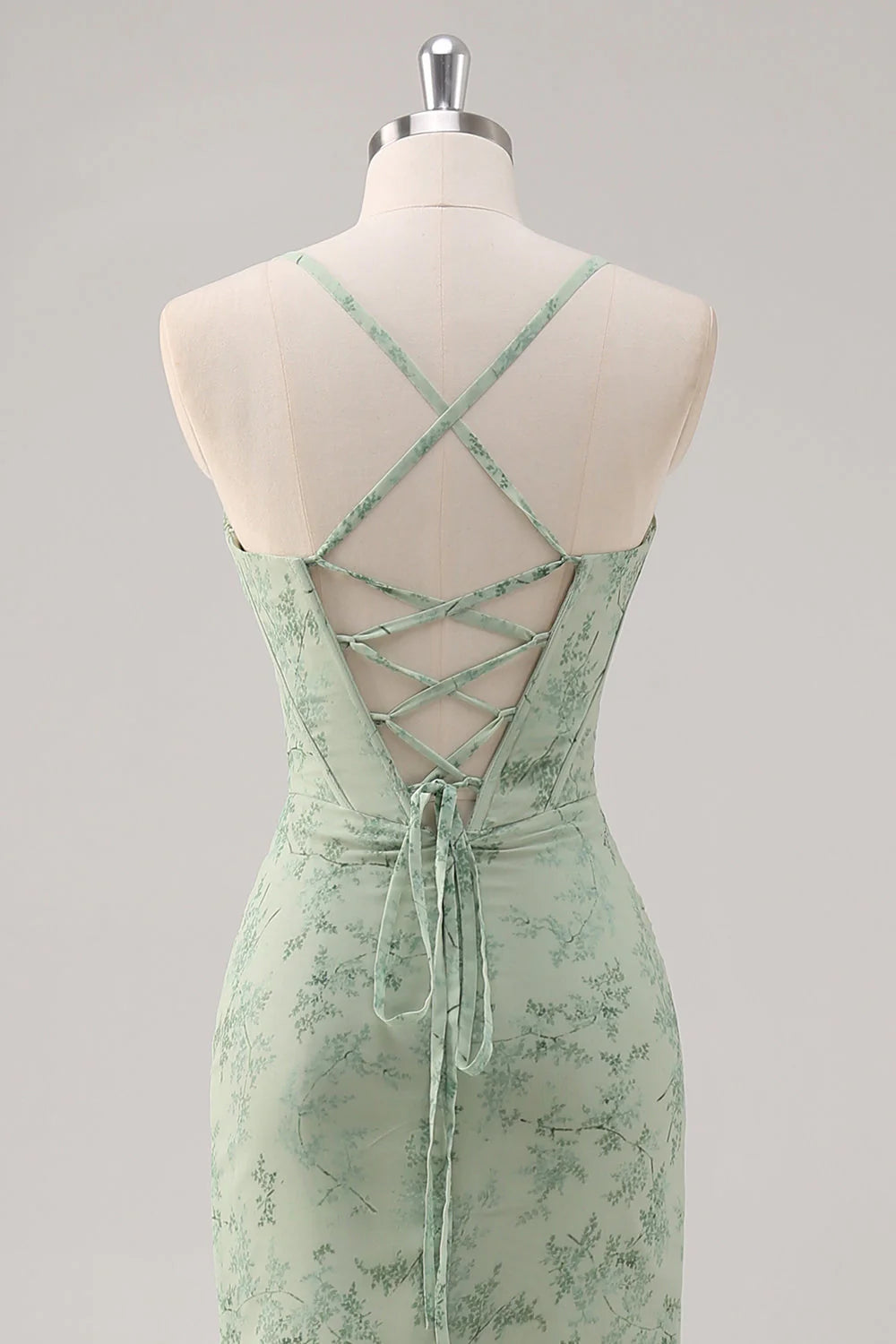 Green Floral Mermaid Lace Up Back Corset Long Bridesmaid Dress with Slit