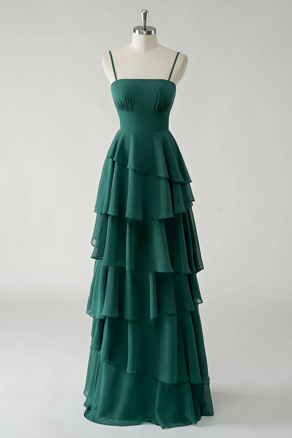 Dark Green A Line Spaghetti Straps Tiered Chiffon Floor Length Bridesmaid Dress