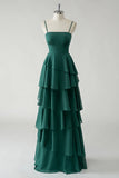 Dark Green A Line Spaghetti Straps Tiered Chiffon Floor Length Bridesmaid Dress