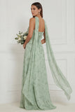 Strapless Floral Dusty Sage Bridesmaid Dress with Scarf