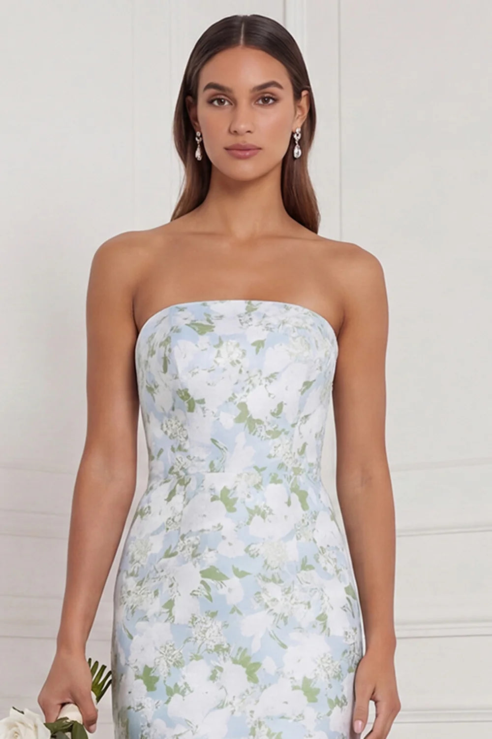 Blue White Flower Strapless Mermaid Bridesmaid Dress with Slit