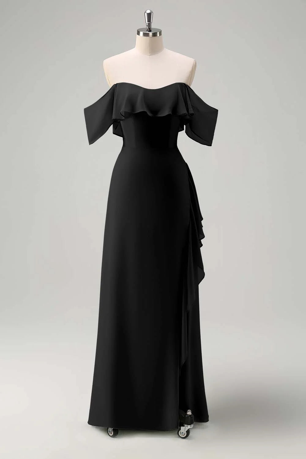 Light Green Sheath Off The Shoulder Chiffon Long Bridesmaid Dress with Ruffle Slit