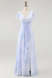 Blue Floral A Line V Neck Backless Long Bridesmaid Dress with Slit