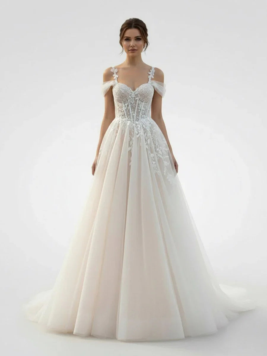A Line Off The Shoulder Tulle Wedding Dresses With Appliques Lace