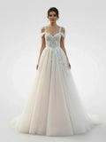 A Line Off The Shoulder Tulle Wedding Dresses With Appliques Lace