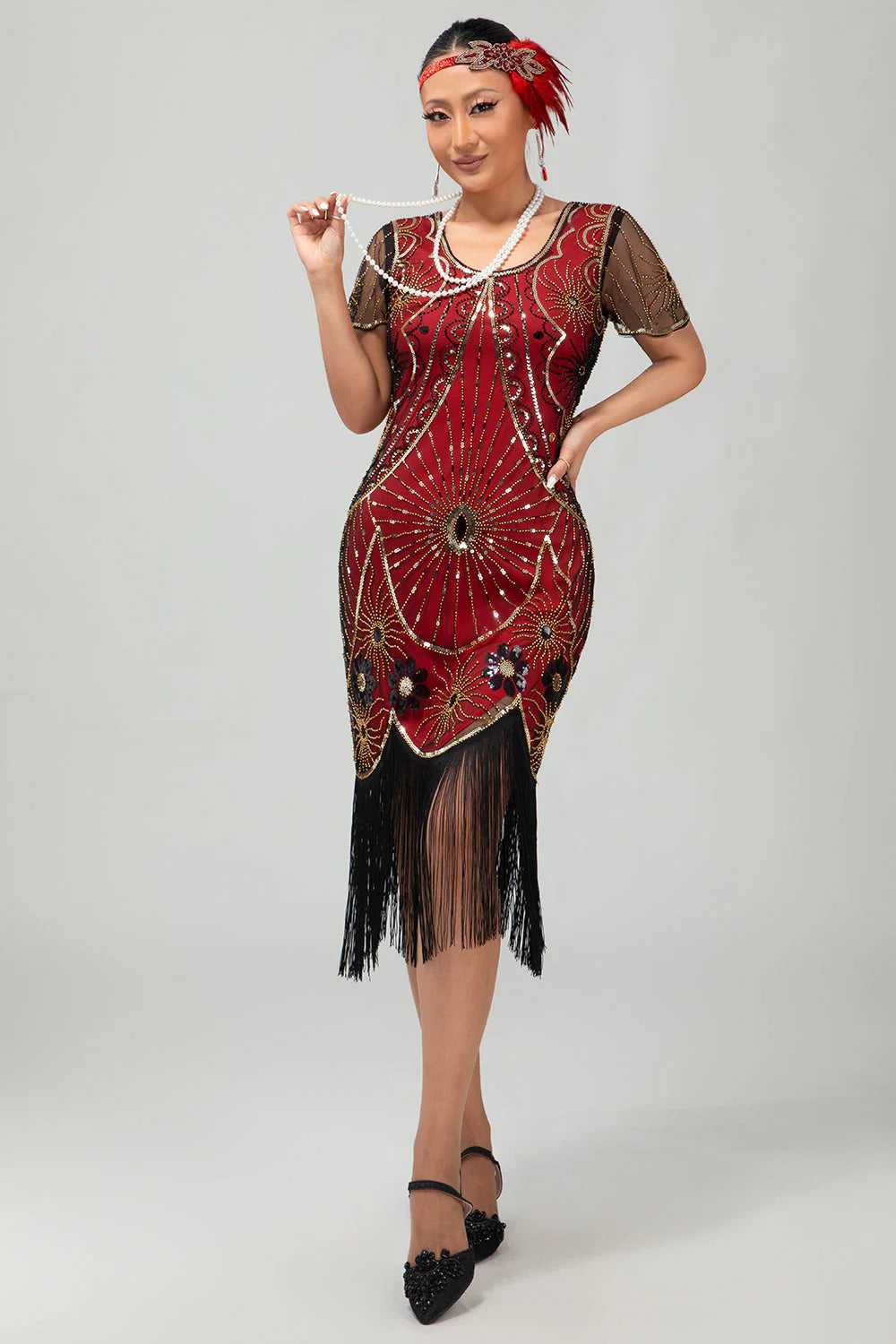 Gatsby Black Silver Scoop Fringed Bodycon 1920s Dress with Sequins
