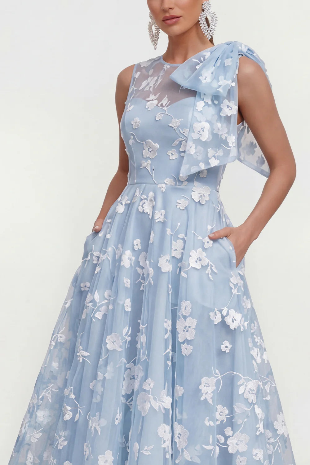Floral Apricot A Line Bowed Midi Wedding Guest Dress