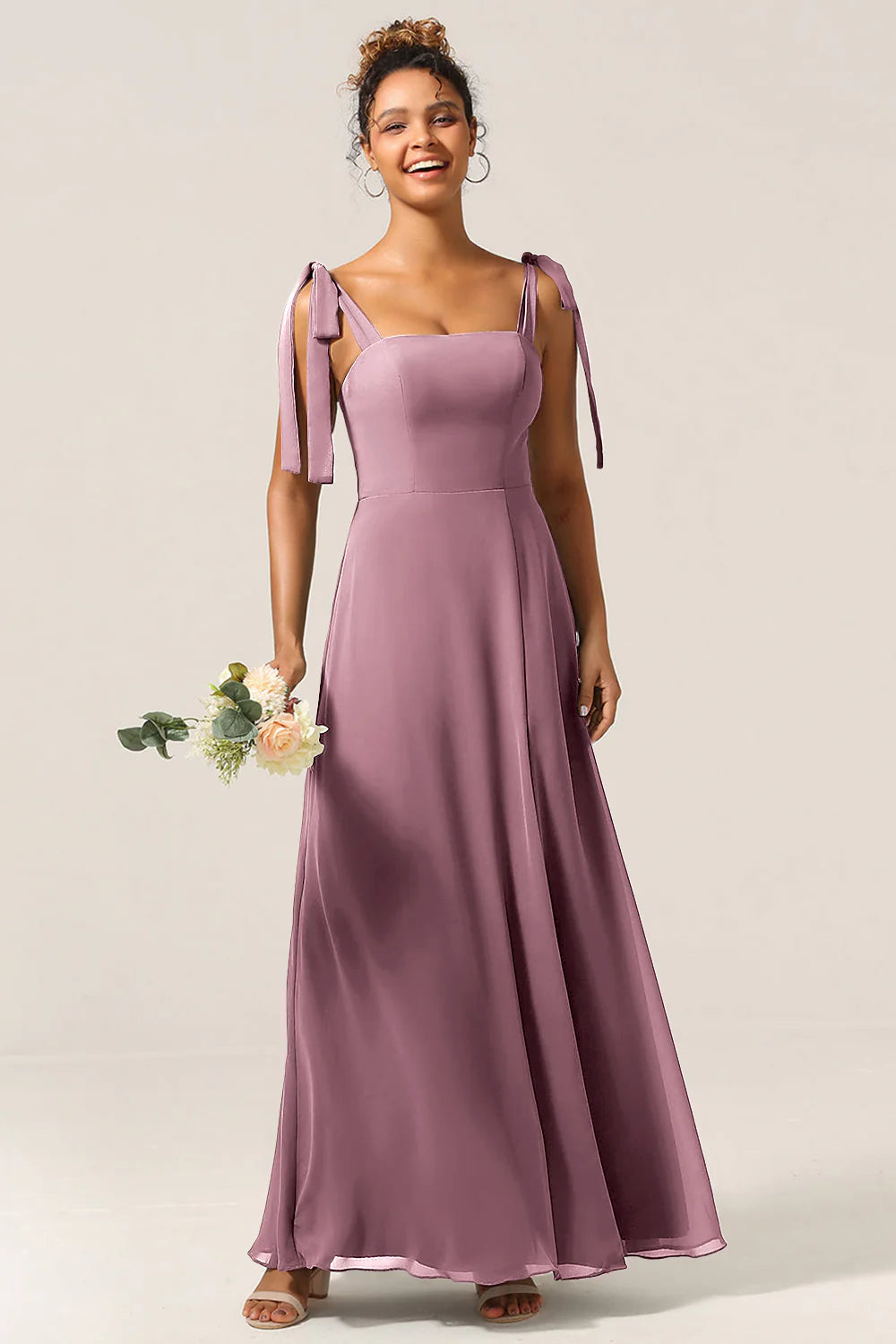 A Line Spaghetti Straps Floor Length Chiffon Bridesmaid Dress with Slit