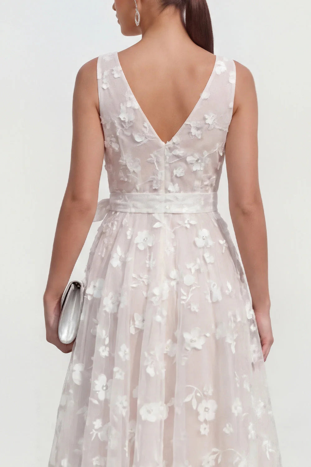Blue Floral A Line Midi Wedding Guest Dress with Bow