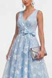 Blue Floral A Line Midi Wedding Guest Dress with Bow
