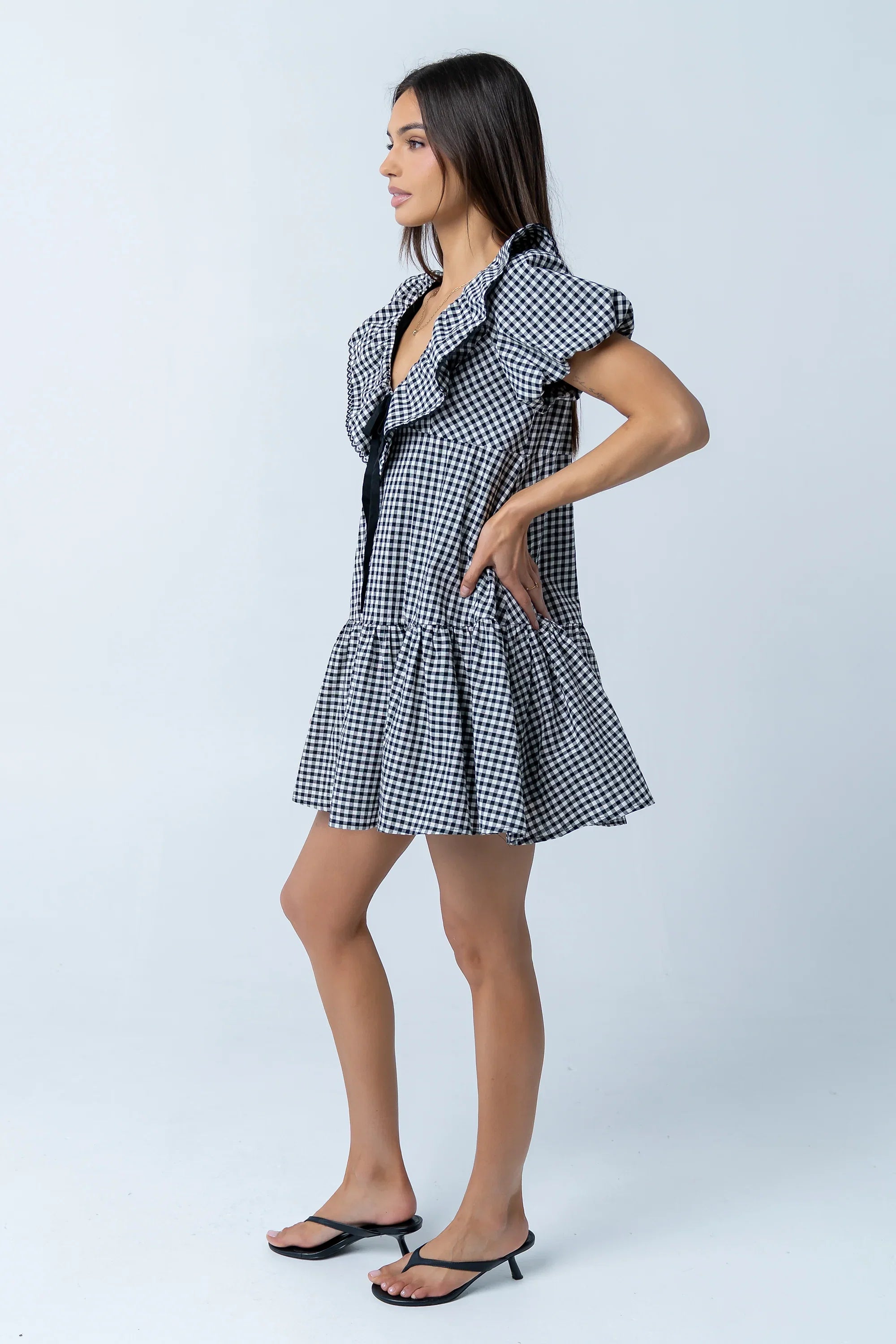 Tony Gingham Baby Doll Dress in Black