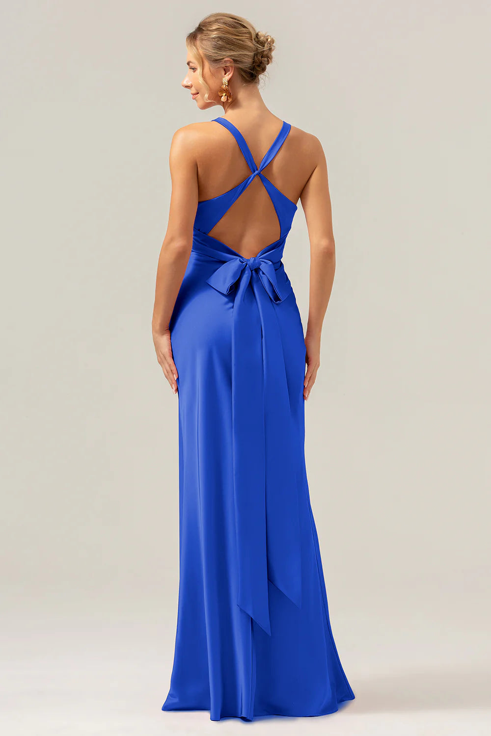 Pink Mermaid Deep V Neck Ruched Long Bridesmaid Dress with Lace Up Back