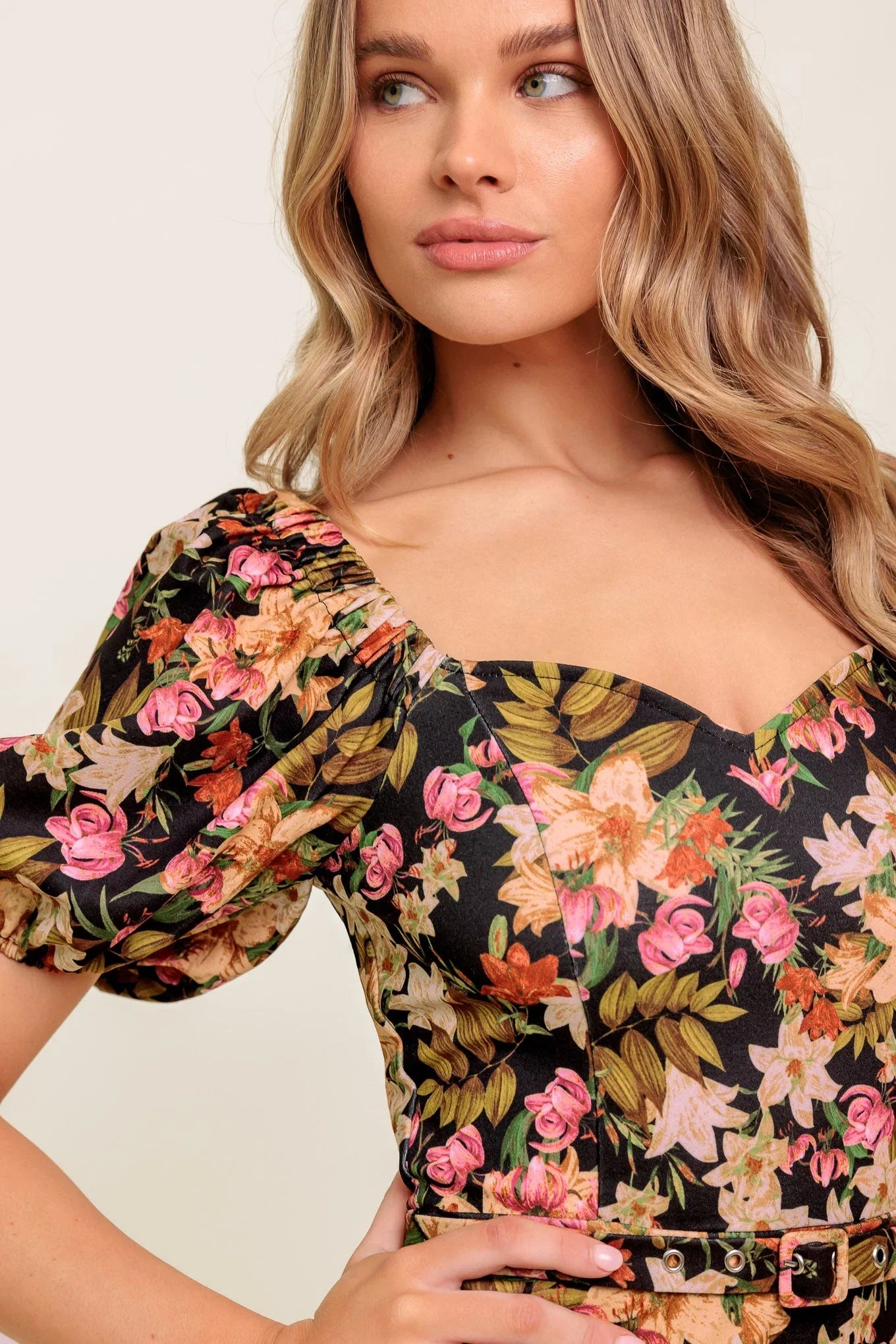 SWEET AT HEART MIDI DRESS BLACK FLORAL FITTED DRESS