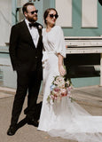 Simple Elegant Half Sleeves Crepe O Neck White Wedding Dresses with Sash